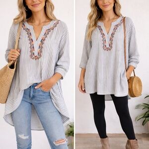 World Market Striped Tunic with Embroidery